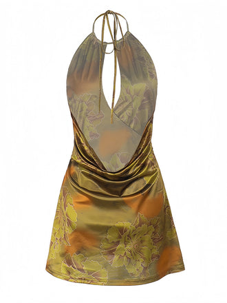 Robe en satin dos nu à fleurs verte des années 1960