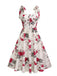 Robe trapèze blanche à lacets et imprimé roses des années 1950