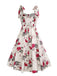Robe trapèze blanche à lacets et imprimé roses des années 1950