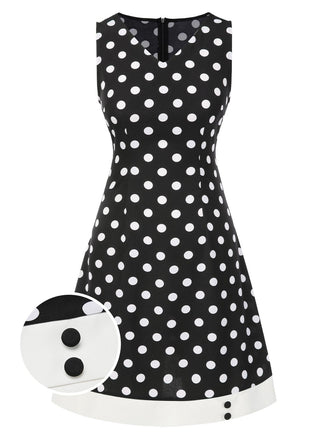 Robe noire à pois et col en V des années 1960