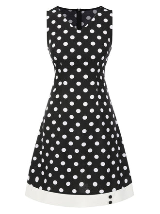 Robe noire à pois et col en V des années 1960