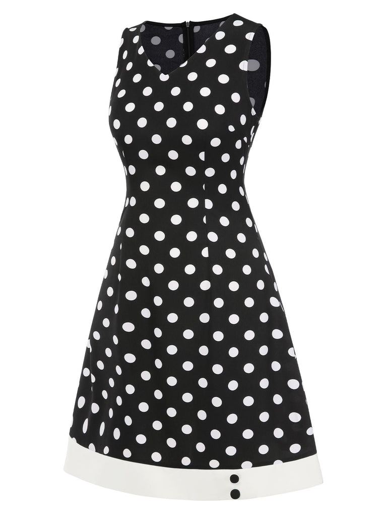Robe noire à pois et col en V des années 1960