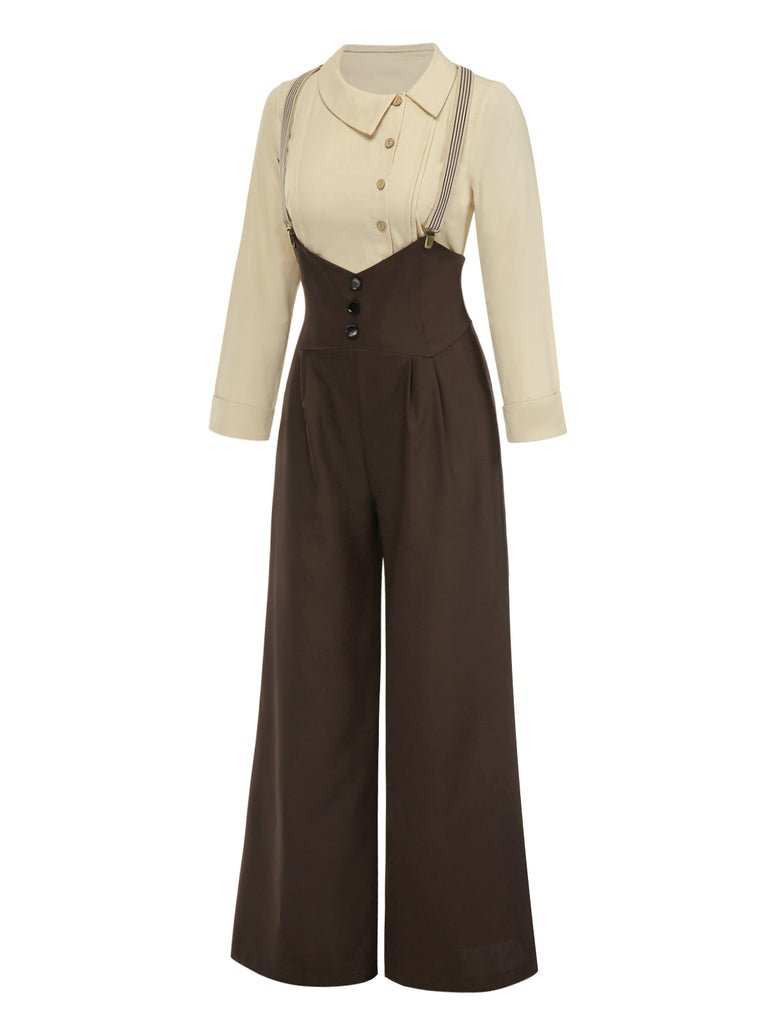 Ensemble chemisier coton et pantalon bretelles années 1930