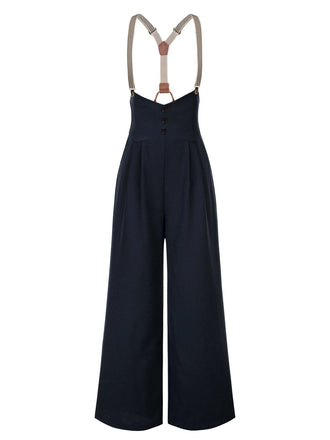 [Prévente] Pantalon à bretelles bleu foncé à bretelles boutonné années 1950