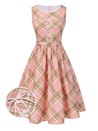 [Prévente] Robe rose à carreaux tartan avec nœud et ceinture années 1950
