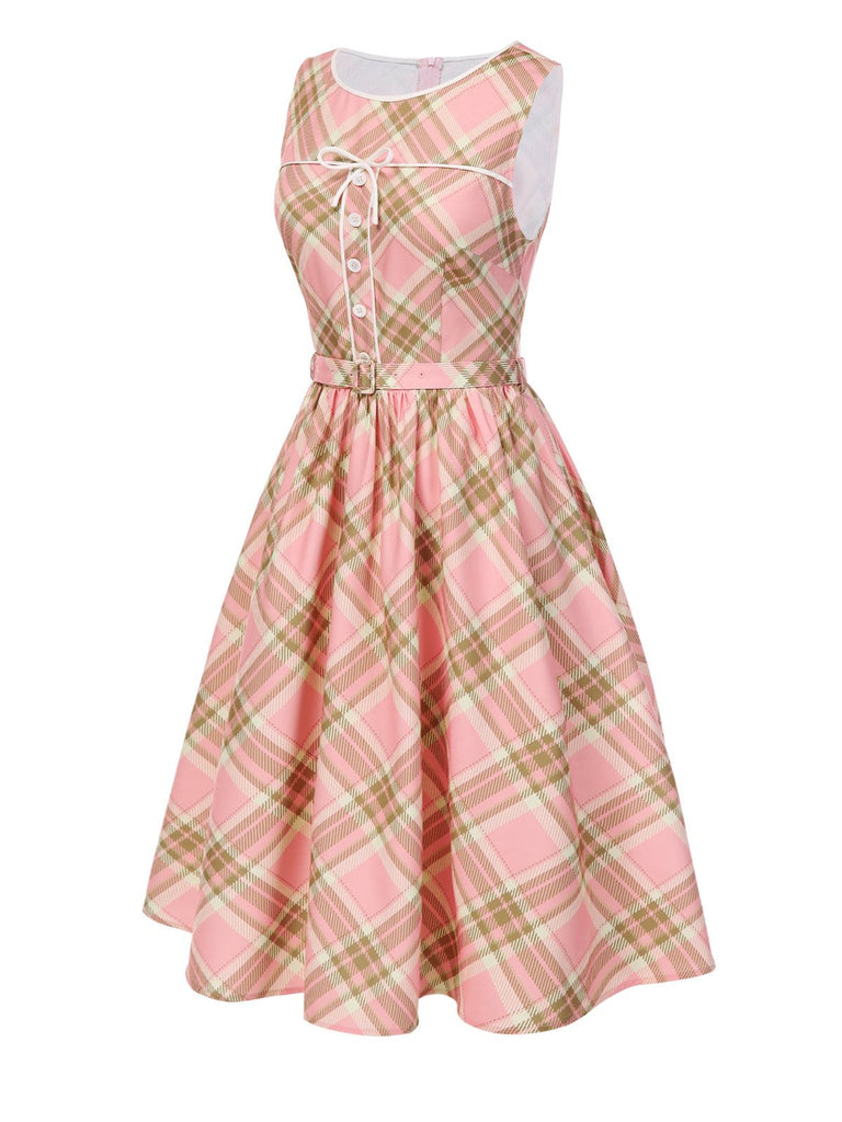 [Prévente] Robe rose à carreaux tartan avec nœud et ceinture années 1950