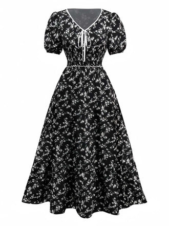 Robe noire à fleurs manches bouffantes à col en V années 1940