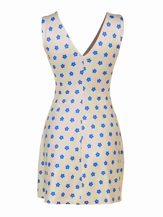 Robe à fleurs bleu et abricot larges bretelles col V profond des années 1960