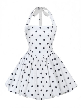 Robe tutu blanche à pois dos nu des années 1960