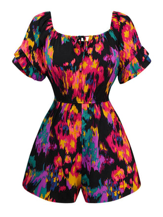 Combishort multicolore motifs abstraits à volants épaules dénudées années 1960