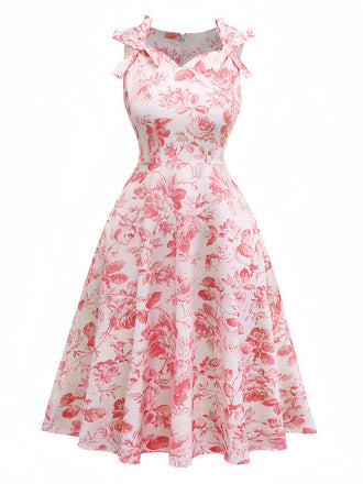Robe trapèze rose à col en cœur et roses années 1950