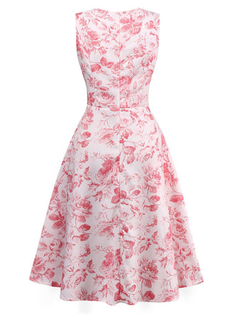 Robe trapèze rose à col en cœur et roses années 1950