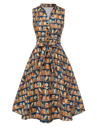 Robe multicolore lacets et imprimé bibliothèque années 1950