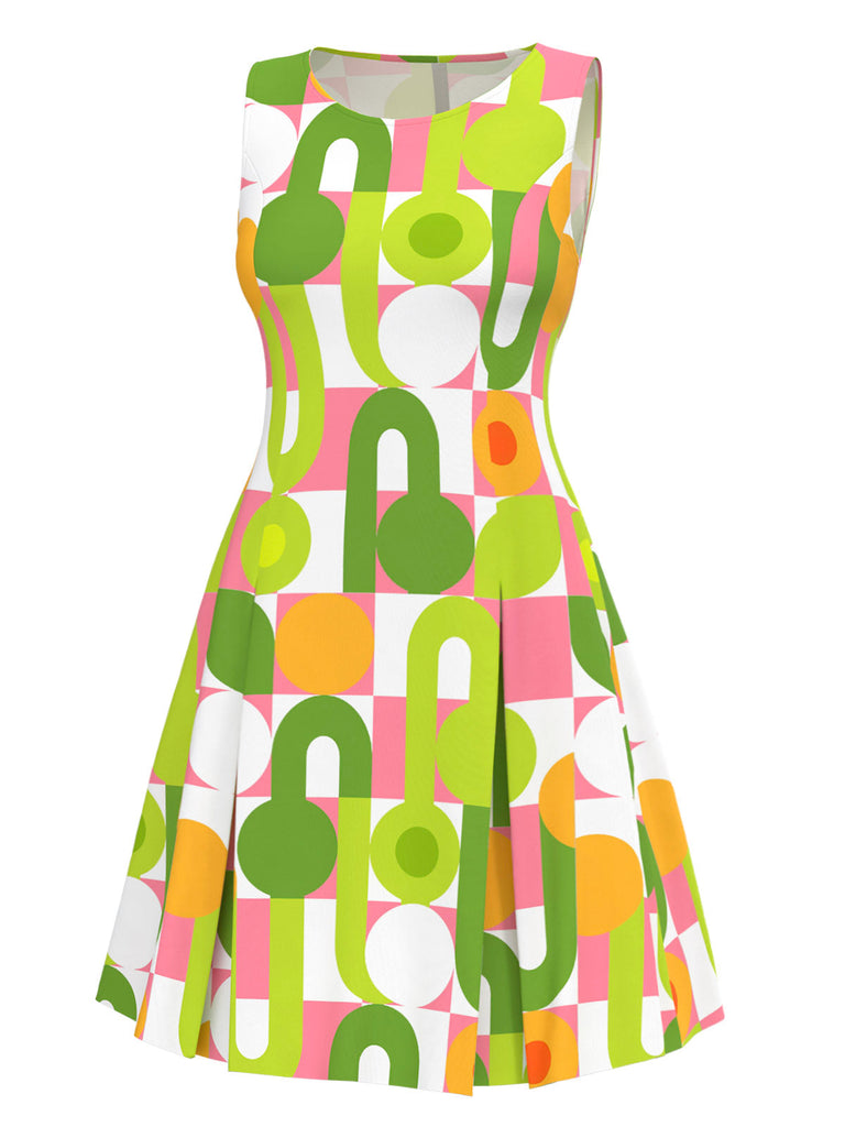 Robe droite verte géométrique à col rond années 1960