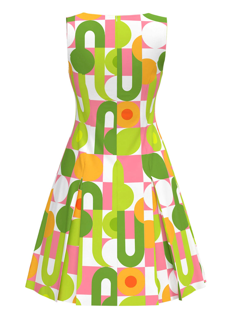 Robe droite verte géométrique à col rond années 1960