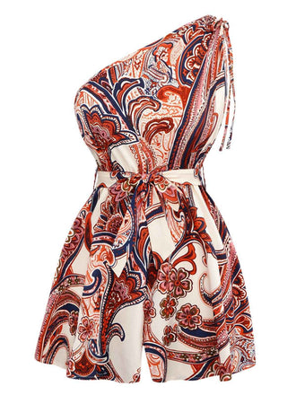 Combishort rouge bohème à fleurs asymétrique années 1970