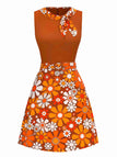 Robeà fleurs bohème psychédélique orange avec ceinture années 1960
