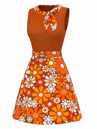 Robeà fleurs bohème psychédélique orange avec ceinture années 1960