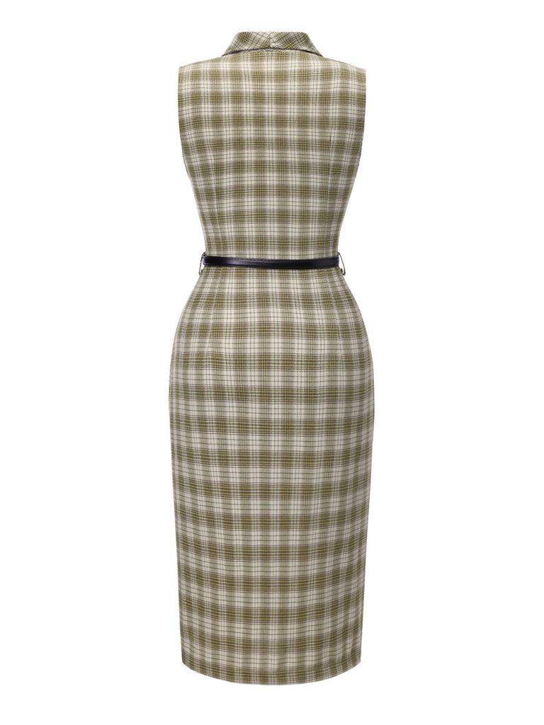 Robe à carreaux boutonnée à revers vert pois des années 1960