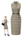 Robe à carreaux boutonnée à revers vert pois des années 1960