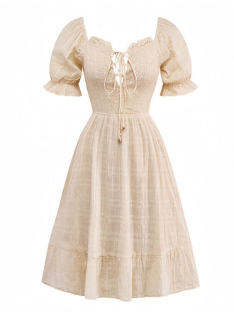 Robe froncée en coton abricot uni avec liens au dos des années 1950