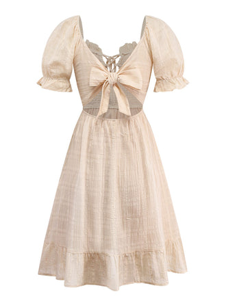 Robe froncée en coton abricot uni avec liens au dos des années 1950
