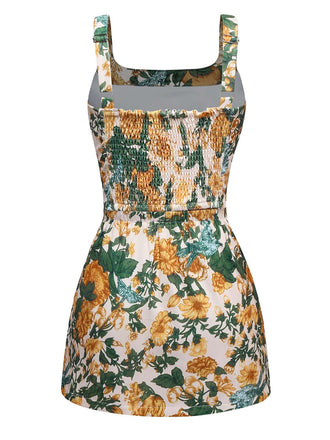 2PCS Haut à larges bretelles et mini-jupe jaune fleurs années 1950