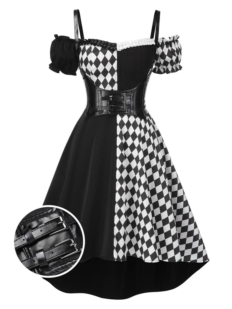 Robe noire à carreaux Halloween et corset années 1950