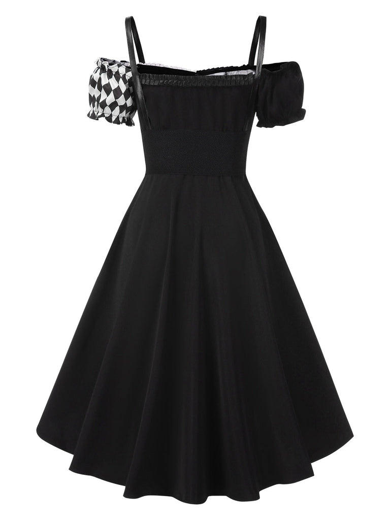 Robe noire à carreaux Halloween et corset années 1950