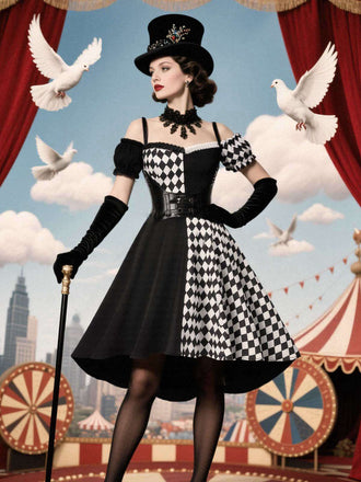 Robe noire à carreaux Halloween et corset années 1950