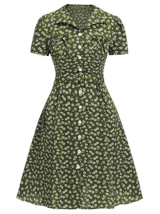 [Grande taille] Robe marguerite à boutons revers vert des années 1950