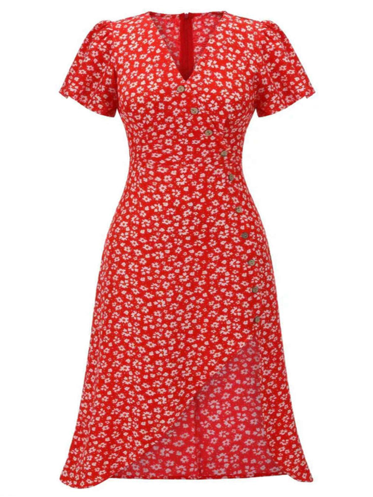 [Grande taille] Robe rouge col V à fleurs boutons des années 1940