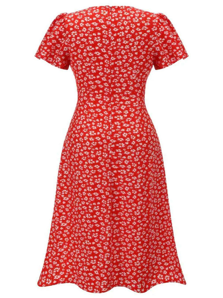 [Grande taille] Robe rouge col V à fleurs boutons des années 1940