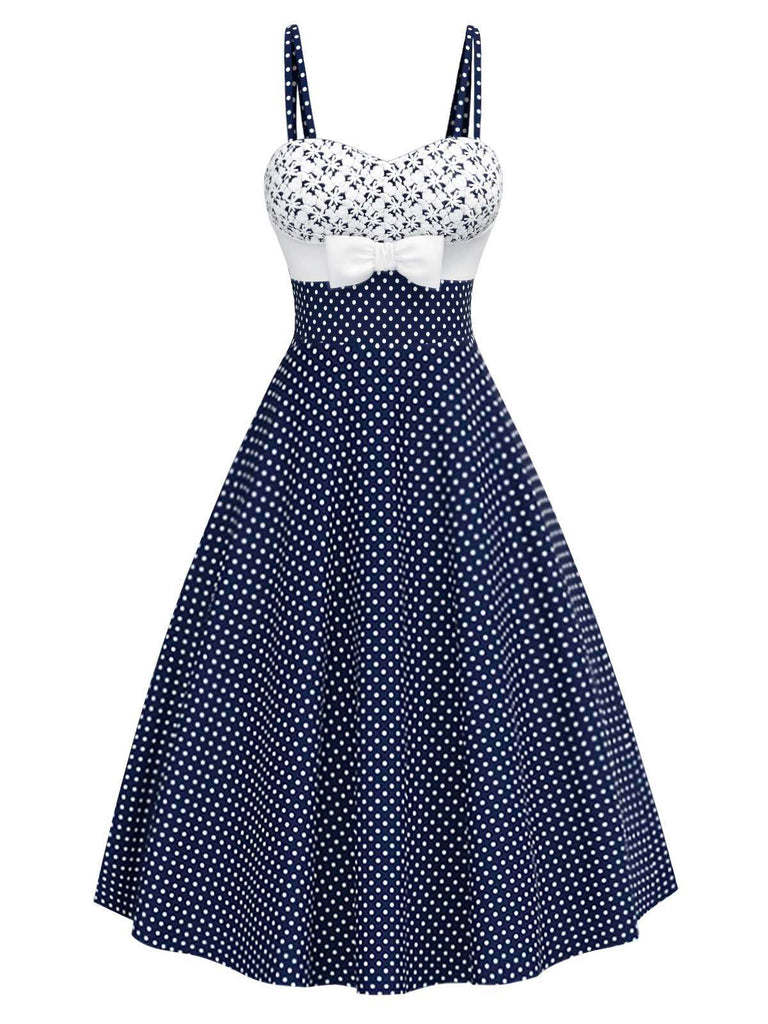 Robe bleue à pois floraux brodés des années 1950
