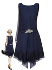 Robe bleue en dentelle patchwork et strass années 1920