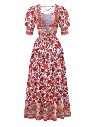 2PCS Haut manches lanternes et jupe froncée imprimé floral rouge des années 1930