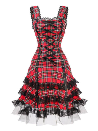 Robe rouge à lacets et bretelles larges en tartan écossais années 1960