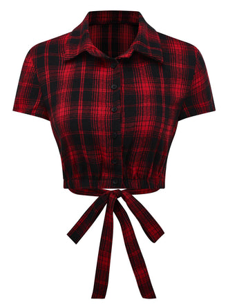 Haut rouge à carreaux avec lien dans le dos années 1950