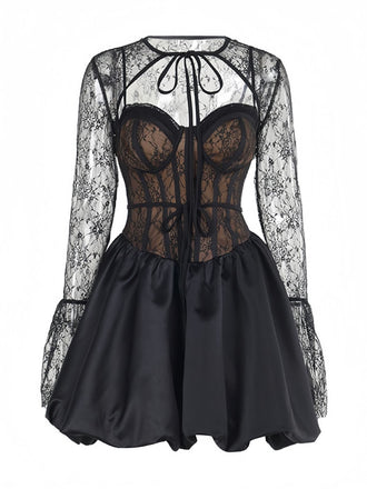 2PCS Robe noire cache-cœur et bouffante en dentelle années 1960