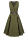 Robe gilet verte à col en V et poches ceinturée des années 1950