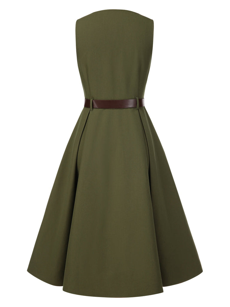 Robe gilet verte à col en V et poches ceinturée des années 1950