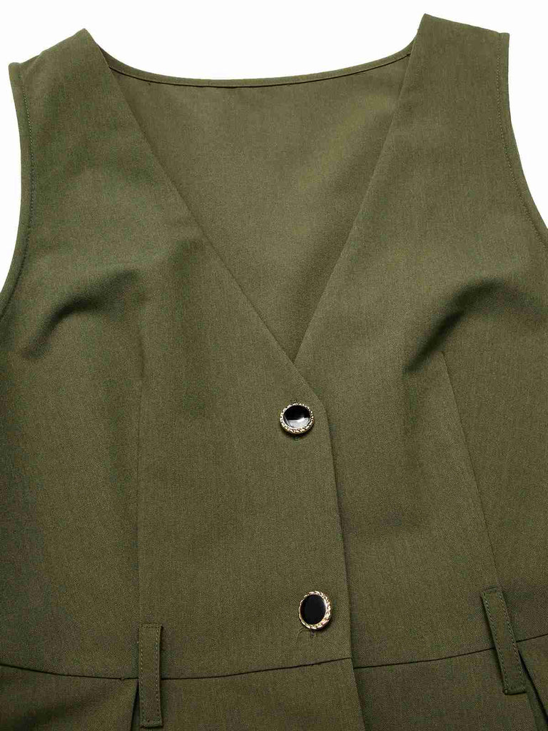 Robe gilet verte à col en V et poches ceinturée des années 1950