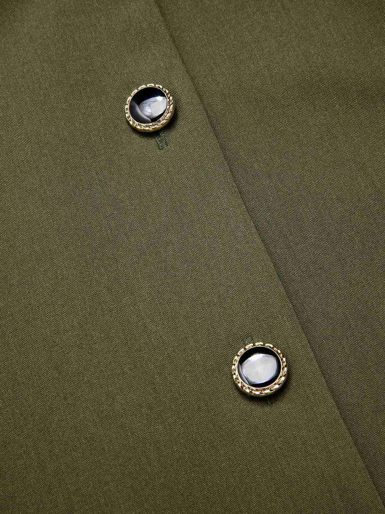 Robe gilet verte à col en V et poches ceinturée des années 1950