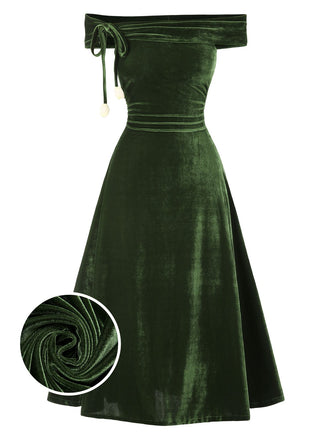 [Prévente] Robe Bardot verte en veloursà épaules dénudées années 1940