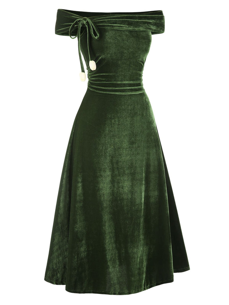 [Prévente] Robe Bardot verte en veloursà épaules dénudées années 1940