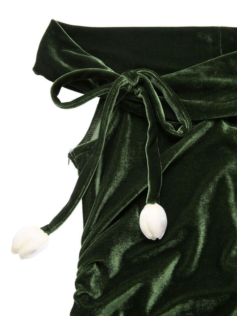 [Prévente] Robe Bardot verte en veloursà épaules dénudées années 1940