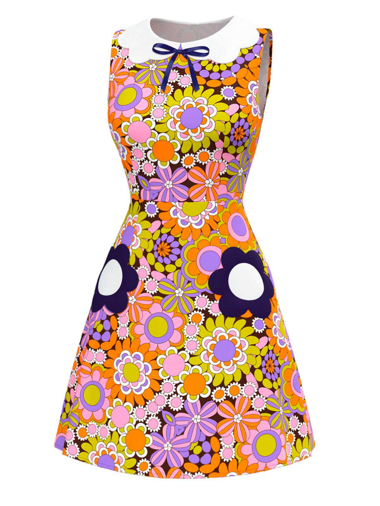 Robe orange fleur à col claudine et nœud années 1960