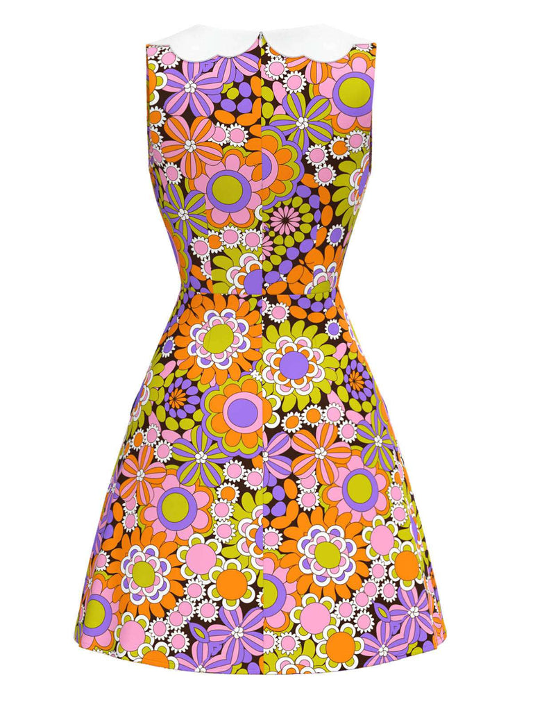 Robe orange fleur à col claudine et nœud années 1960