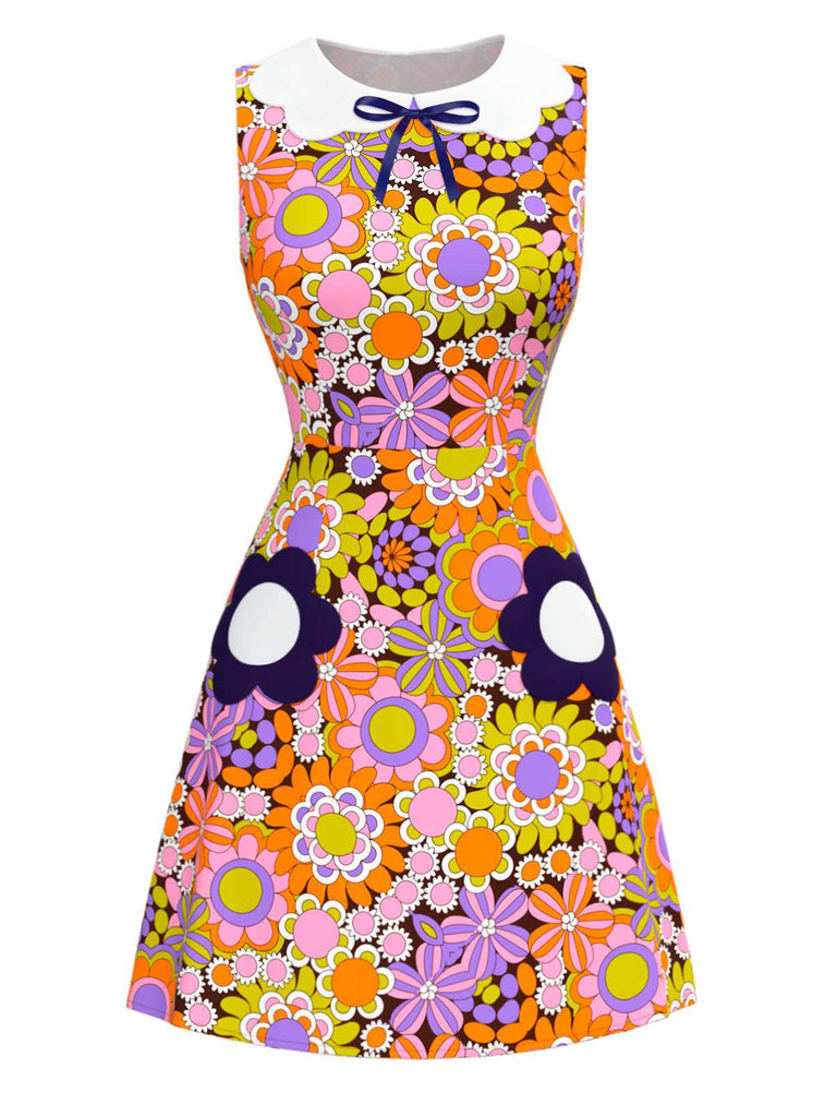 Robe orange fleur à col claudine et nœud années 1960
