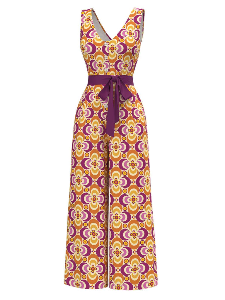 Combinaison orange fleur à col en V années 1960